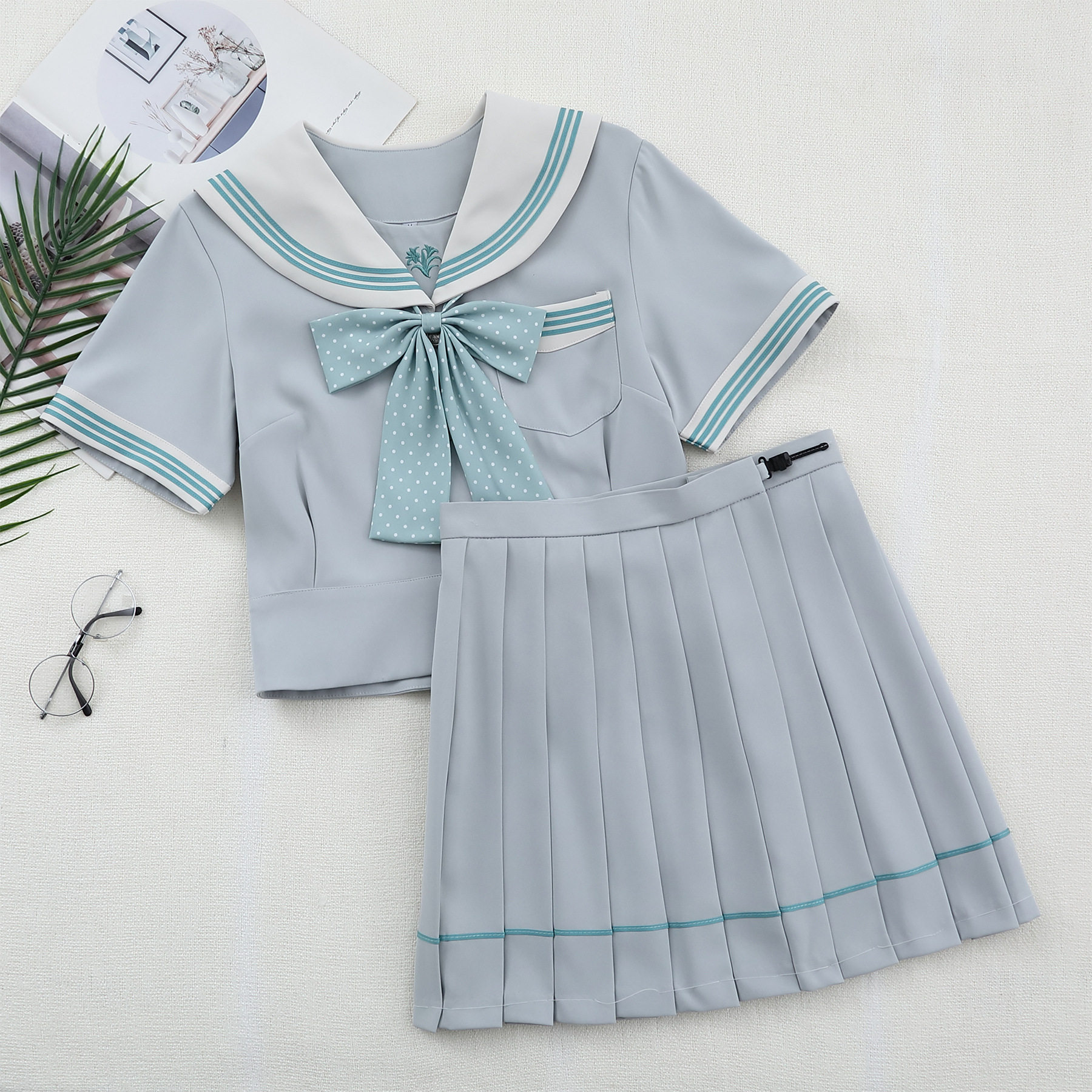 jk制服原创水手服雾青衬衫学院风少女百褶裙学生女关西襟上衣套装