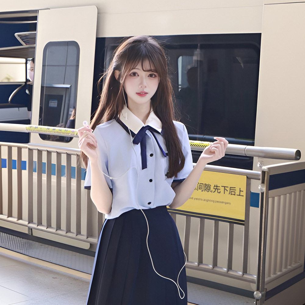 jk制服男女短袖水色衬衫学院风毕业校服藏蓝西裤学生衬衣短裙套装