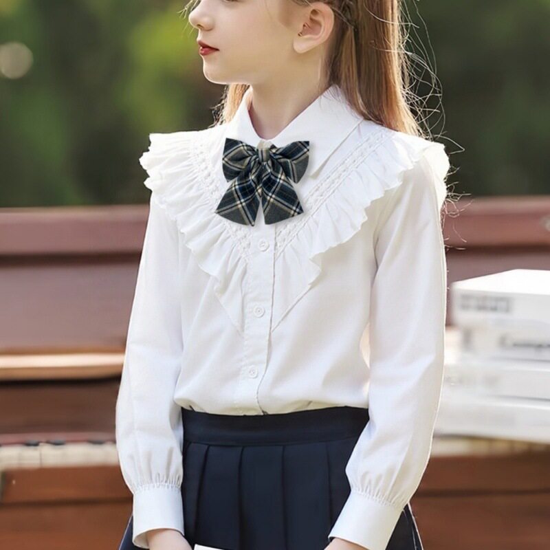 女童纯棉白衬衫2026春秋新款学院风小学生长袖白衬衣女孩翻领上衣