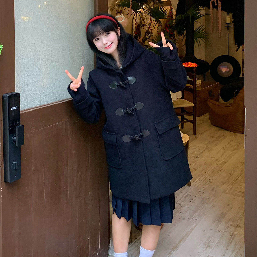 jk制服牛角扣大衣秋冬加厚女学院风学生外套风衣连帽毛呢夹棉大衣