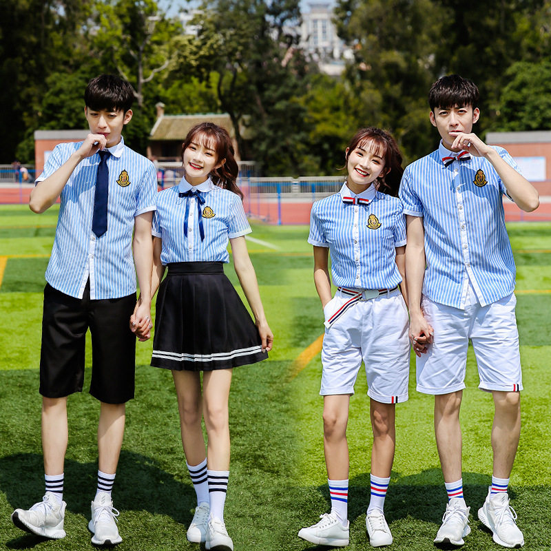 初一二高中生校服蓝条纹衬衫中小学生毕业拍照运动会演出班服套装