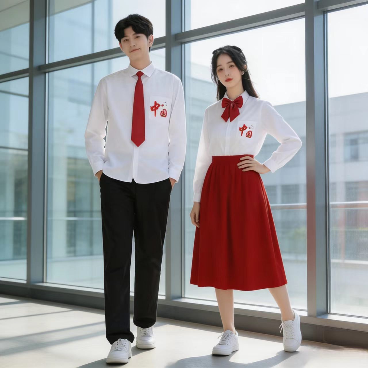 JK制服白衬衫初高中班服红大摆裙黑西裤运动会诗歌朗诵演出服套装