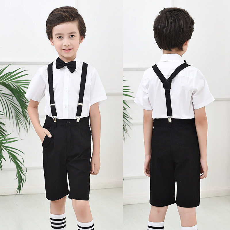 男童夏季短袖白衬衫黑裤子花童学生表演服钢琴儿童礼服表演服套装