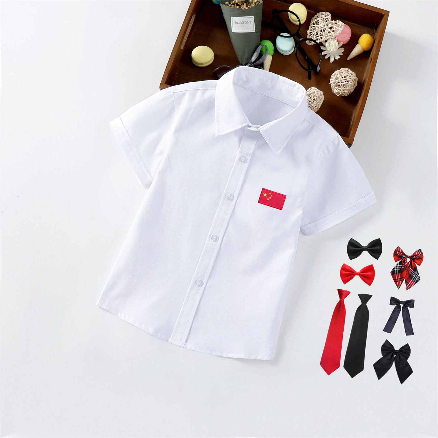 儿童短袖白衬衣蓝色短袖白衬衫国旗标运动会班服小学生合唱演出服