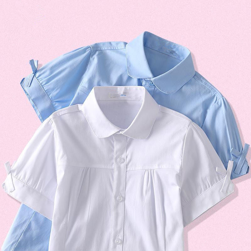 女童短袖白衬衫夏儿童浅蓝色衬衣蝴蝶结公主女孩小学生校服表演服