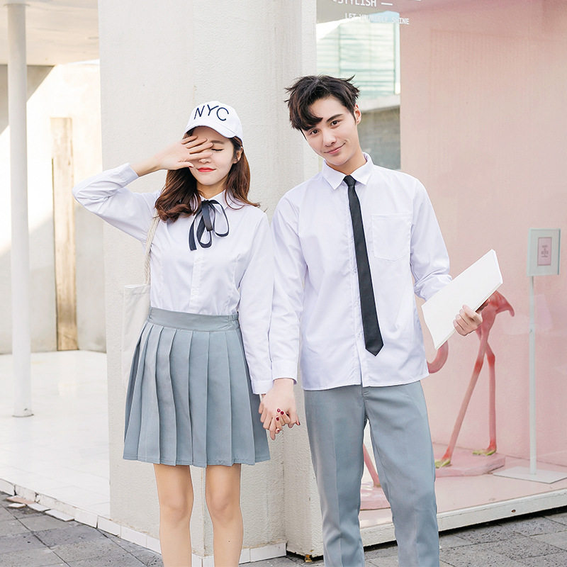 JK制服男女学生长袖白衬衫校服学院风班服背带灰色短裙会西裤套装