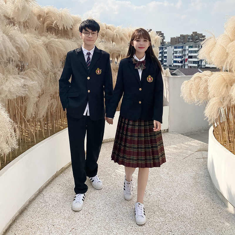 JK制服黑色西装高初中生西裤毕业季校服男女学院风山楂树格裙套装
