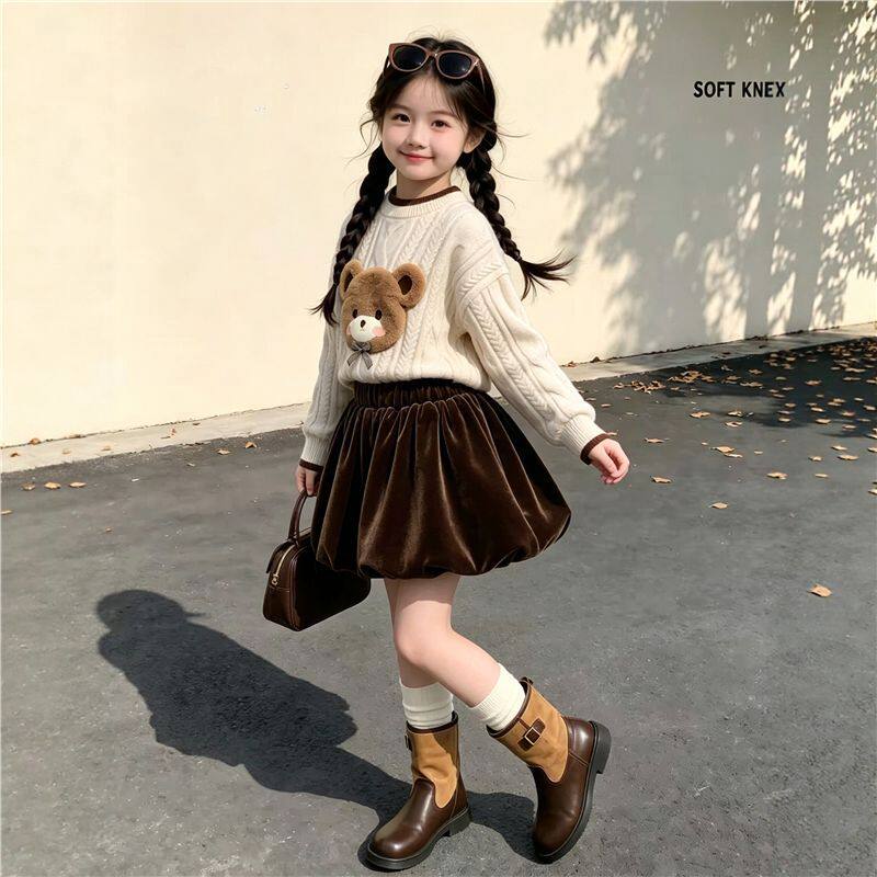 女童秋冬短裙2026新款儿童半身裙复古花苞裙丝绒裙女大童公主裙子