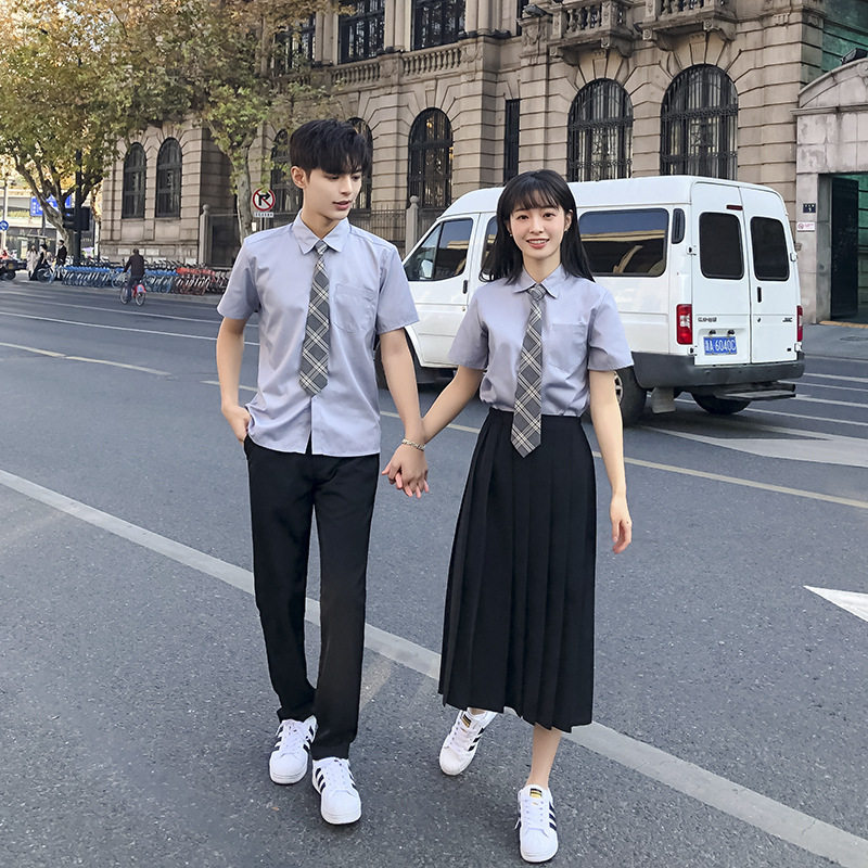 JK制服男女短袖灰衬衣学院风黑西裤长袖衬衣中学生班服百褶裙套装