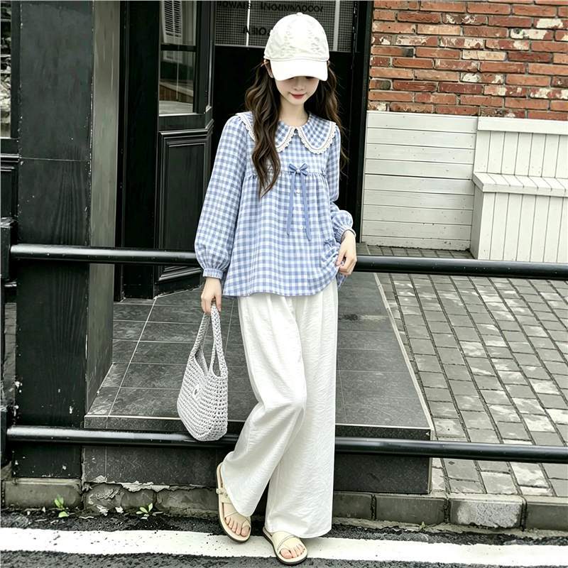 女童甜美风娃娃领格子衬衣女长袖花边学院风上衣女孩宽松休闲衬衫