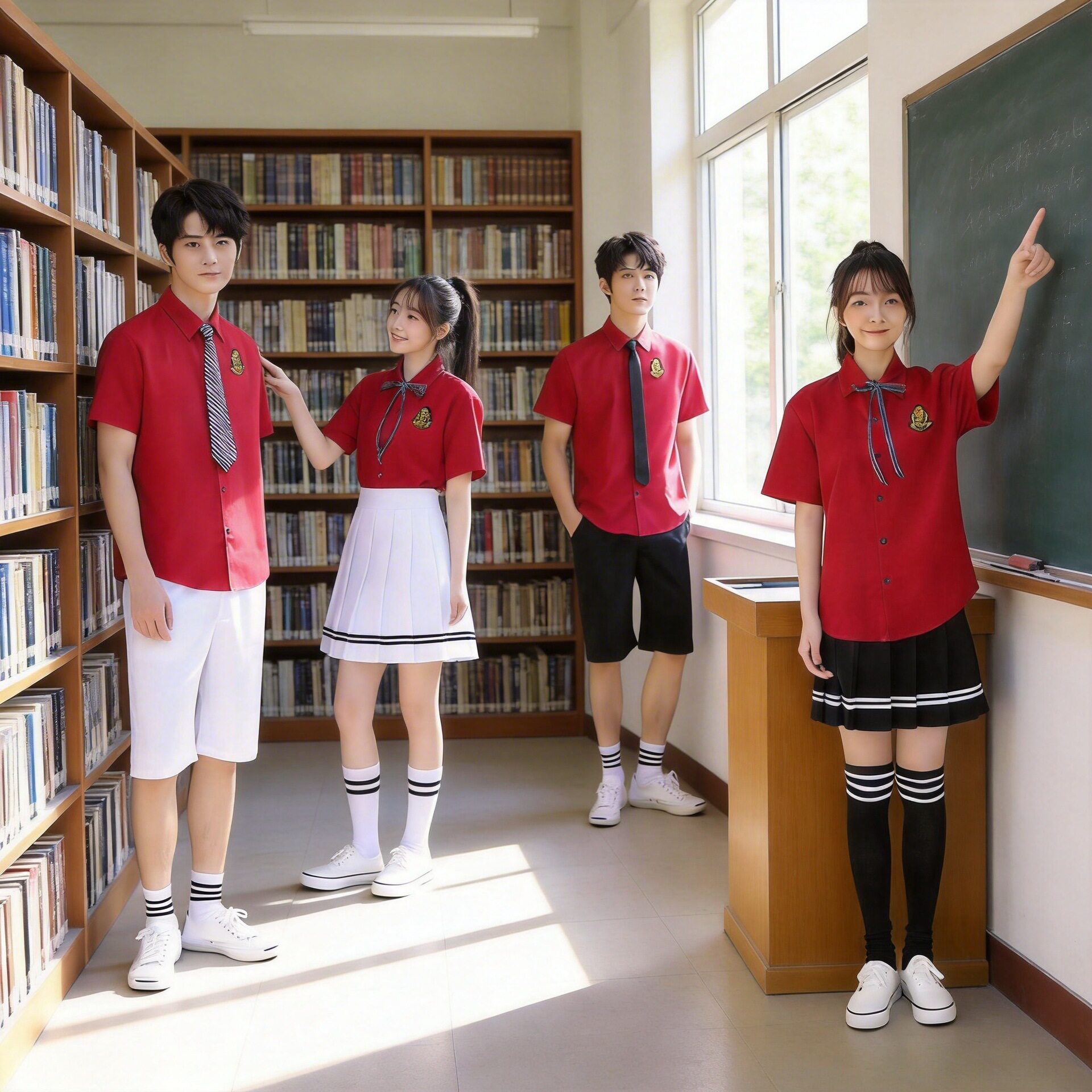 中学生校服男女红衬衣白条纹裙短裙合唱团舞台毕业班服演出服套装
