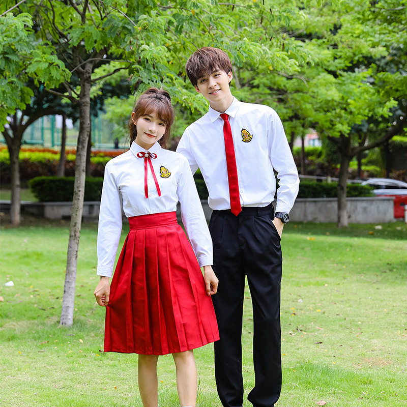 JK制服女白长袖衬衫红长裙校服初高中生西裤毕业班服合唱演出套装