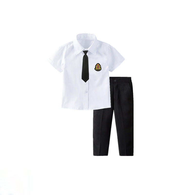 儿童白色短袖衬衫男童长裤徽章中小童幼儿园毕业拍照演出服套装