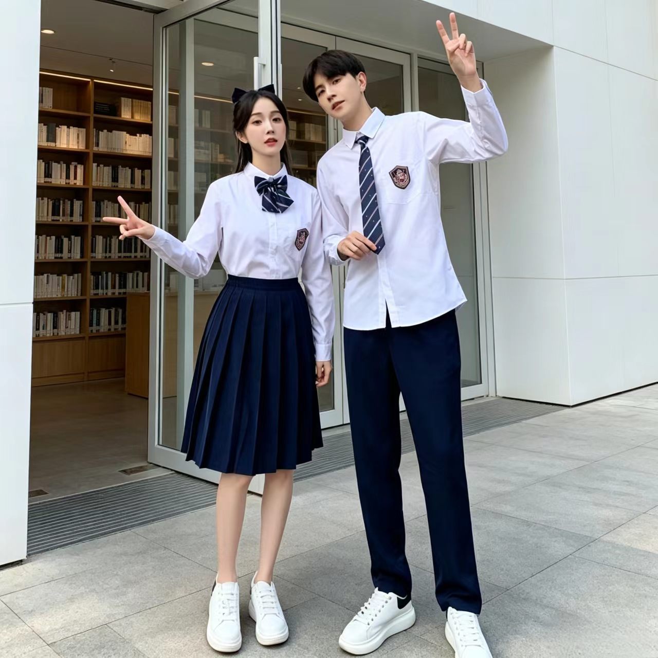 初中高中生小学校服毕业拍照短袖白衬衫黑西裤百褶裙合唱演出套装