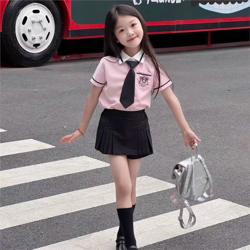 女童粉色衬衫学院风2025夏季新款韩版潮百褶裙露裤裙美式短裙套装