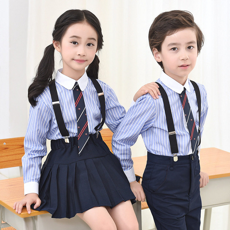 男童条纹衬衫藏青短裙校服幼儿园园服背带西裤合唱礼服演出服套装