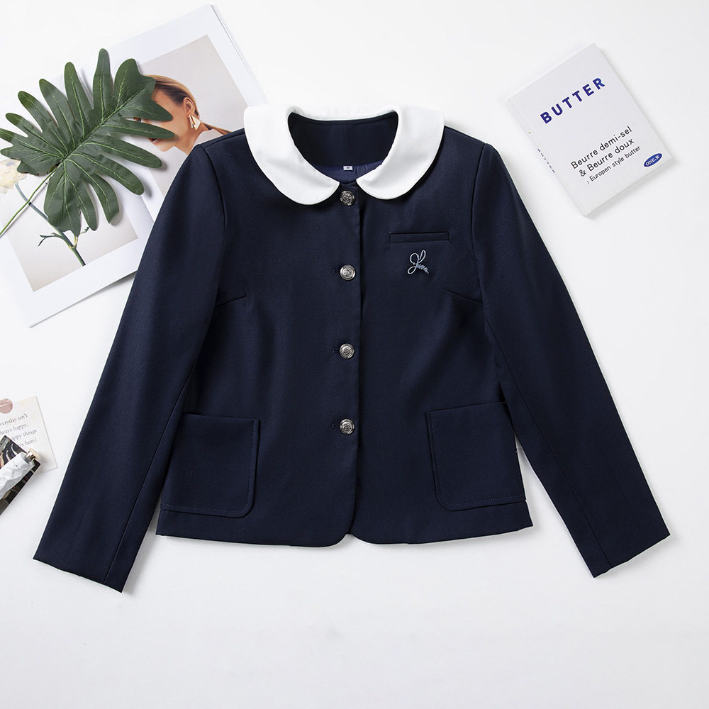 JK制服风女装蓝色西装风海军领春秋潮少女学生小香风休闲百搭上衣