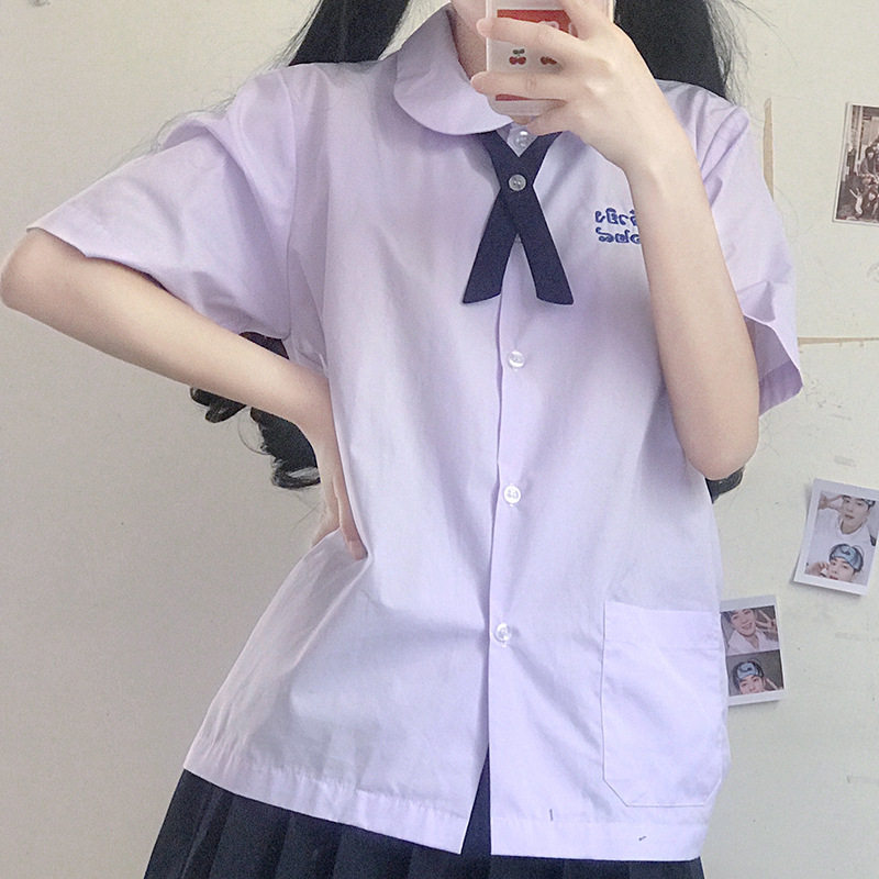 jk制服衬衣女孩小水同款淡紫色短袖泰式校服圆领学生短裙班服衬衫