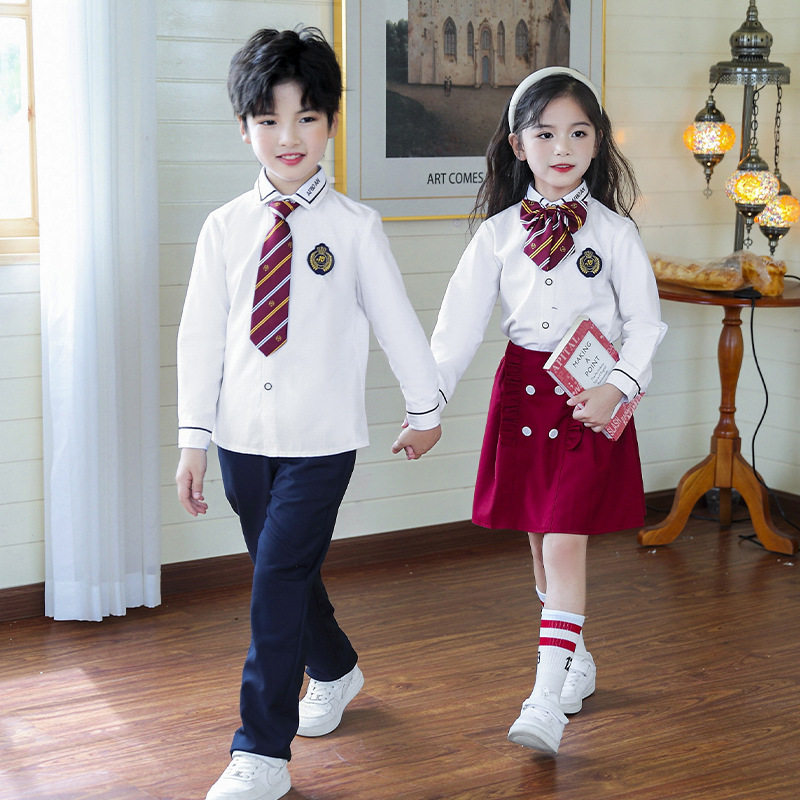 幼儿园园服长袖白衬衫1-6年级小学生校服毕业拍照班服红短裙套装