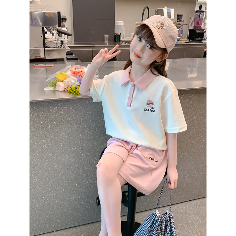 女童夏装翻领短袖T恤学院风网红洋气女孩拼色Polo衫短裤运动套装