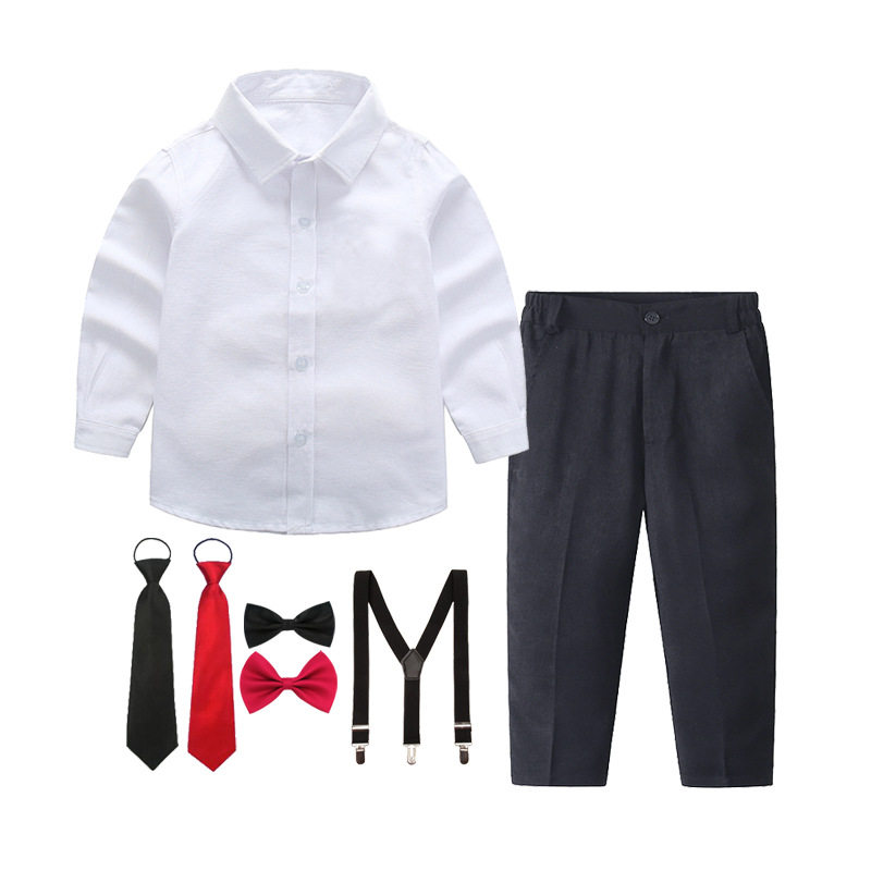 儿童长袖白衬衫黑长裤背带红领带礼服中小学生合唱服表演服四件套