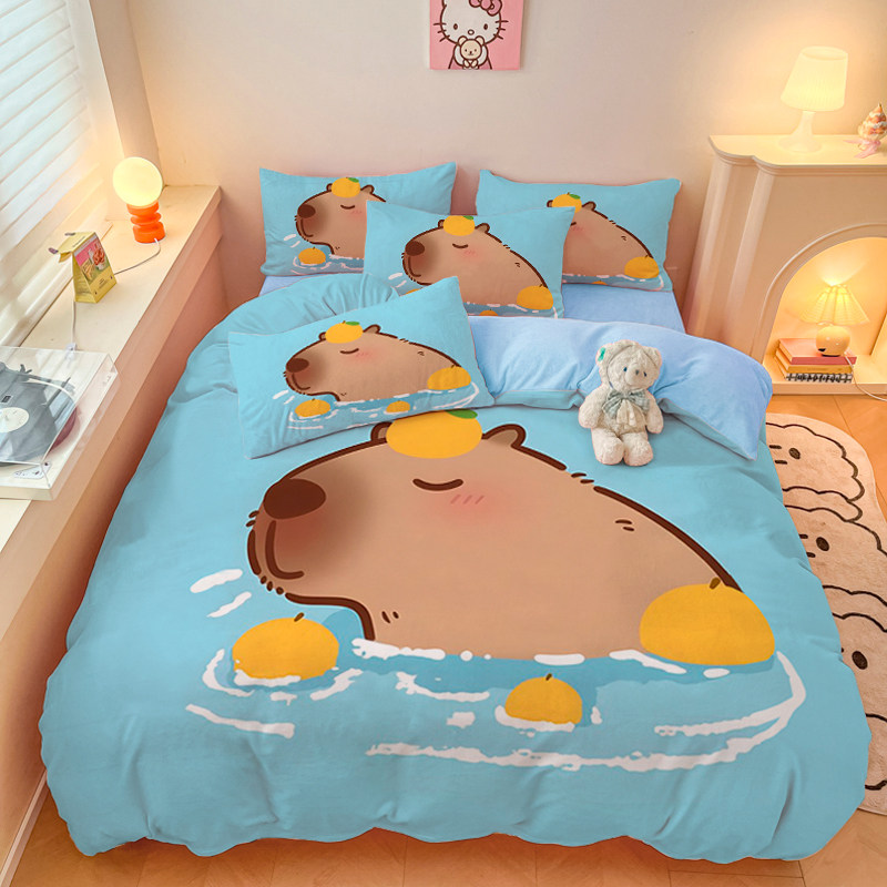 卡通可爱卡皮巴拉儿童床笠四件套1.8米水豚学生宿舍床单三件套1.2