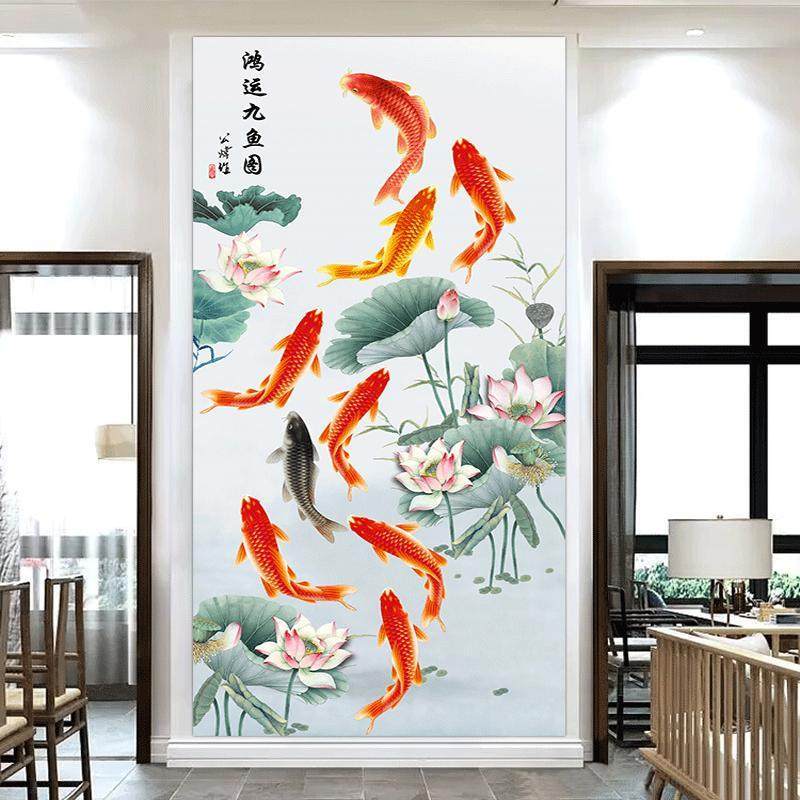 富贵九鱼图百财纳福荷花九鲤鱼聚财招财进门处玄关挂画走廊过道画,家居饰品,现代装饰画,淘宝优惠券,粉丝福利购,淘宝优惠卷