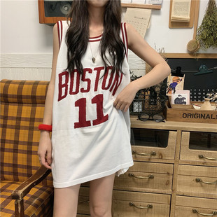 无袖背心T恤女夏季球衣外穿篮球服字母宽松BF风中长款运动学院风
