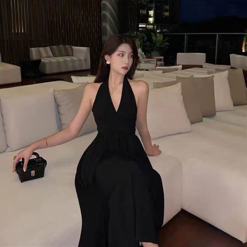 大码夜场微胖女装纯欲潮深V低胸海滩连衣裙挂脖镂空露背长裙礼服图片