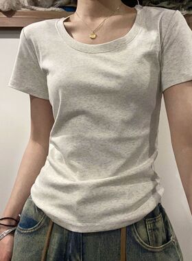 纯棉U领正肩短袖t恤女夏季新款灰色修身内搭打底基础款上衣ins潮