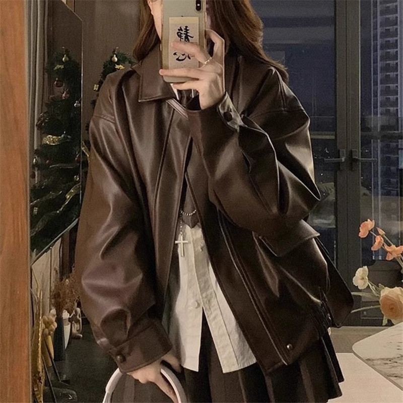 【有内衬】棕色仿皮衣情侣外套港风春秋季高级宽松美式复古机车夹