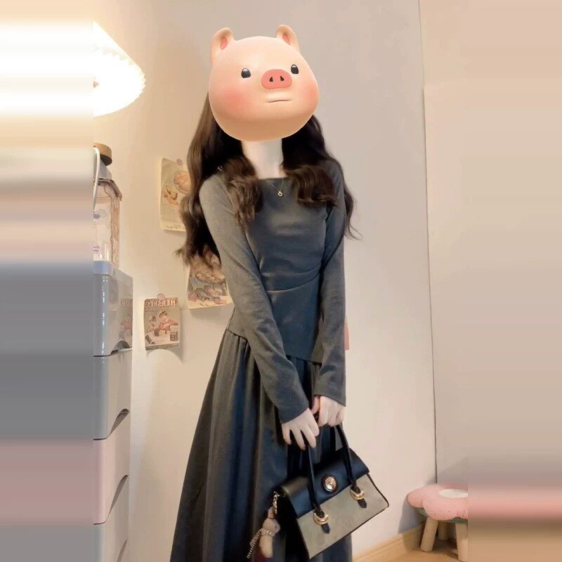 小个子甜蜜巨好看的早春穿搭灰色套装女装秋季新款收腰高级感长裙