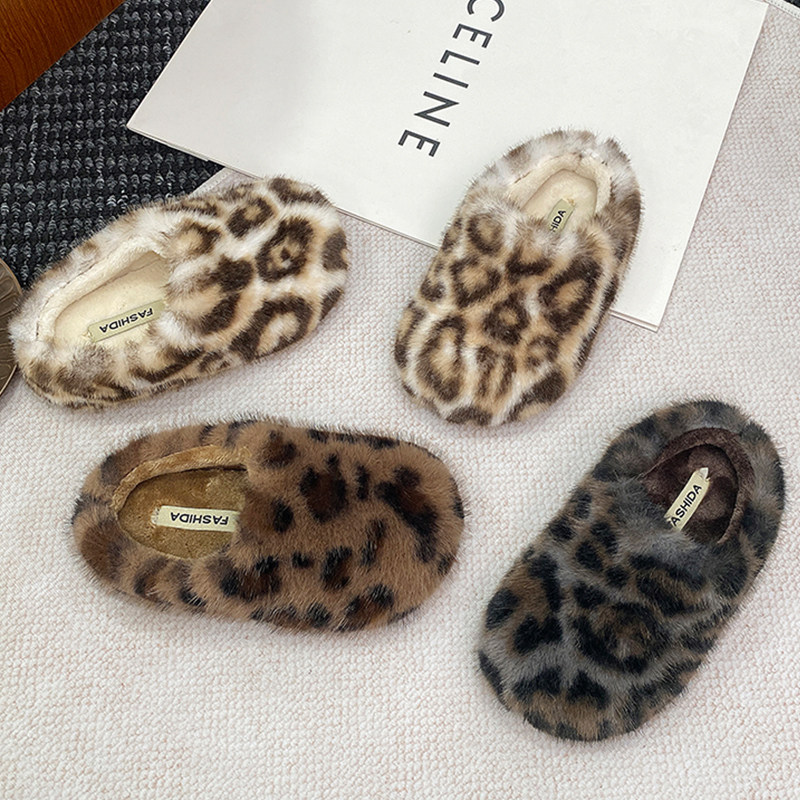 儿童棉拖鞋25年冬季新款女童厚底豹纹毛毛鞋外穿防滑居家加绒保暖
