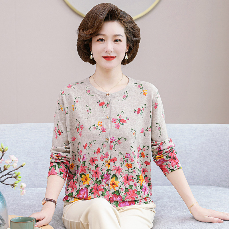 中老年妈妈装针织彩印毛衣上衣