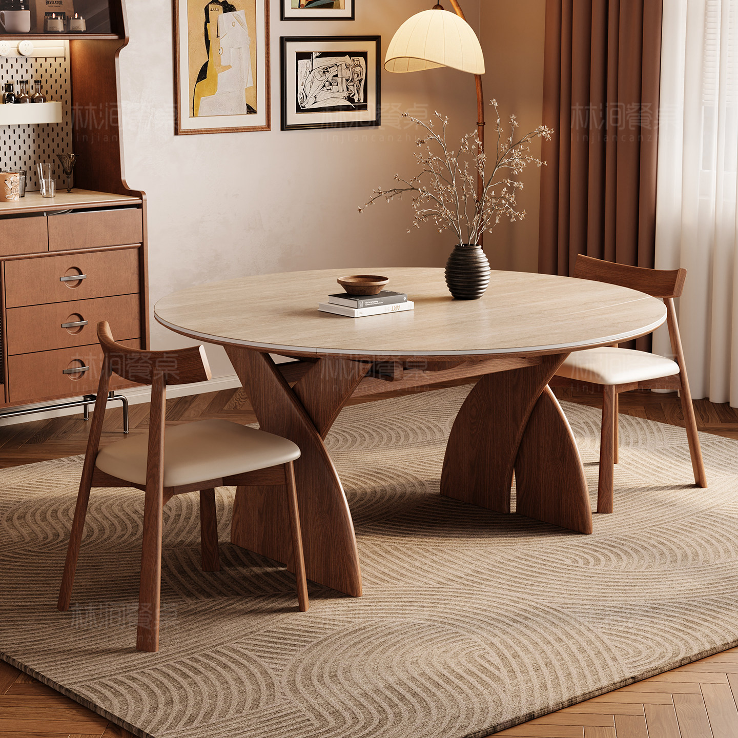 美式中古风实木折叠餐桌椅子2026新款伸缩可变圆桌洞石小户型家用