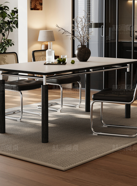 岩板实木餐桌长方形现代简约设计师新款纯白家用小户型黑色餐桌