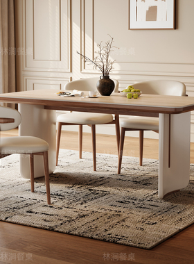 法式中古风实木岩板餐桌椅2025新款洞石家用小户型美式复古奶油系