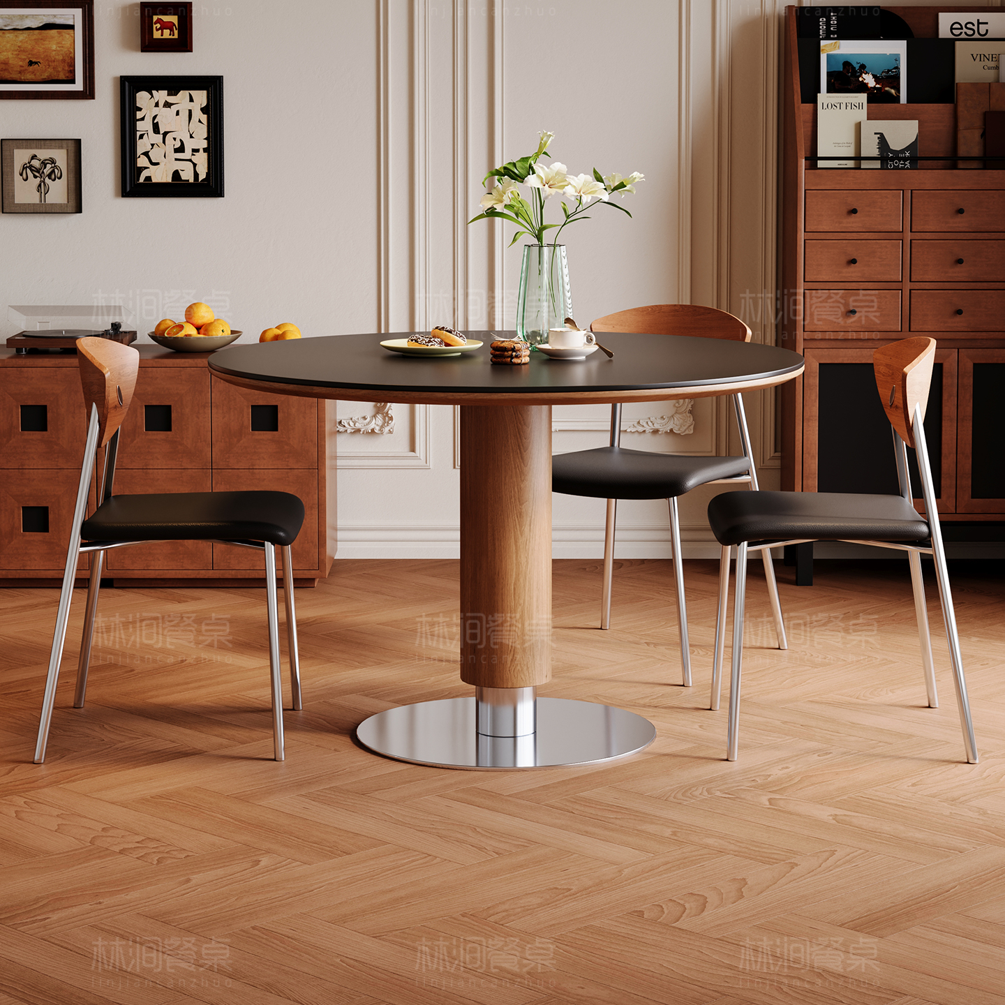 中古风岩板圆桌复古金属腿圆形