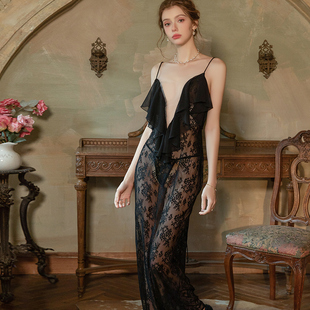 性感大码内衣纯欲慵懒透视镂空蕾丝深V低胸露背长款吊带睡裙女夏