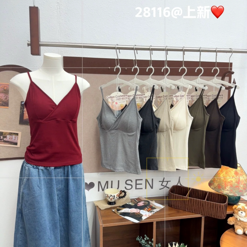 28116新疆棉细纱羊绒吊带背心法式性感女带胸垫一体美背辣妹上衣