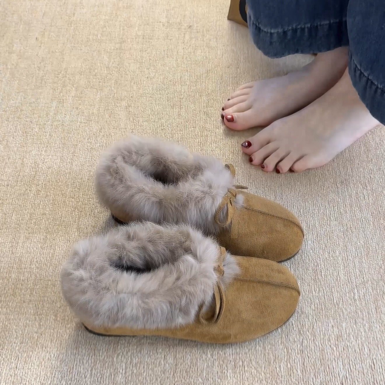 喜番SHOP蝴蝶结绒面浅口单鞋女2026春季新款保暖兔毛毛鞋,女鞋,棉鞋,淘宝优惠券,粉丝福利购,淘宝优惠卷