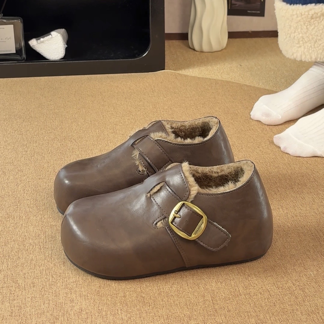 喜番SHOP秋冬加绒复古英伦风保暖皮面勃肯鞋防滑厚底棉鞋雪地靴
