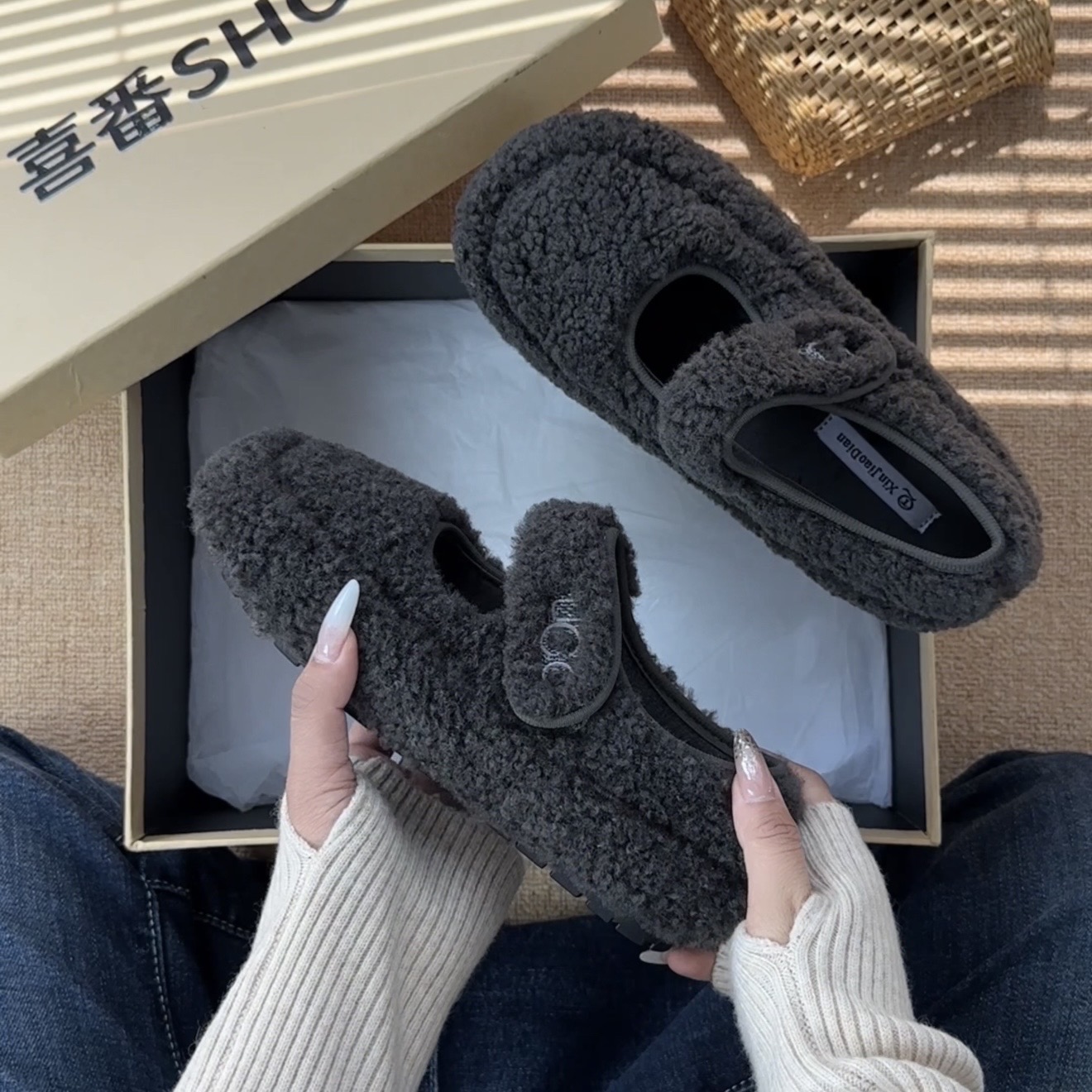 喜番SHOP韩版加绒保暖毛绒棉鞋女冬季新款防滑外穿勃肯鞋浅口单鞋