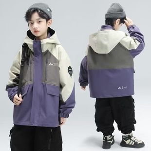男童春秋款 洋气连帽上衣儿童帅气冲锋衣潮 风衣外套2025中大童新款