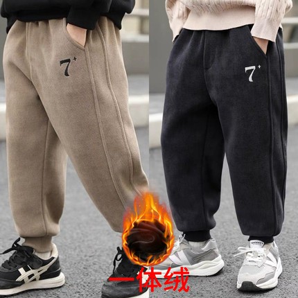 男童加绒裤子春秋长裤儿童灯芯绒卫裤中大童秋冬款一体绒束脚裤潮