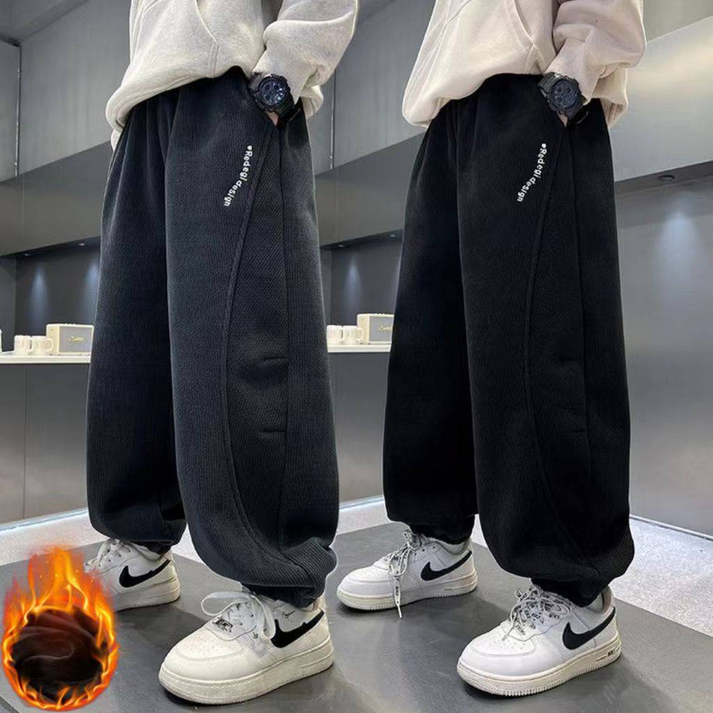 男童冬季加绒裤子儿童灯芯绒休闲长裤中大童秋冬款一体绒束脚裤潮