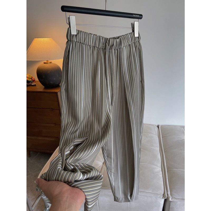 themore北欧简约老钱风 重磅真丝缎 百搭时髦条纹锥形萝卜休闲裤
