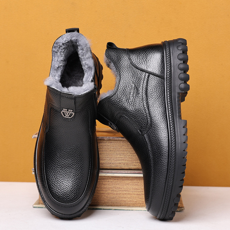 25冬季男士棉皮鞋真皮休闲高帮鞋羊毛保暖中老年软底加绒套脚皮鞋