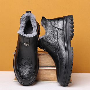 羊毛保暖中老年软底加绒套脚皮鞋 25冬季 真皮休闲高帮鞋 棉皮鞋 男士