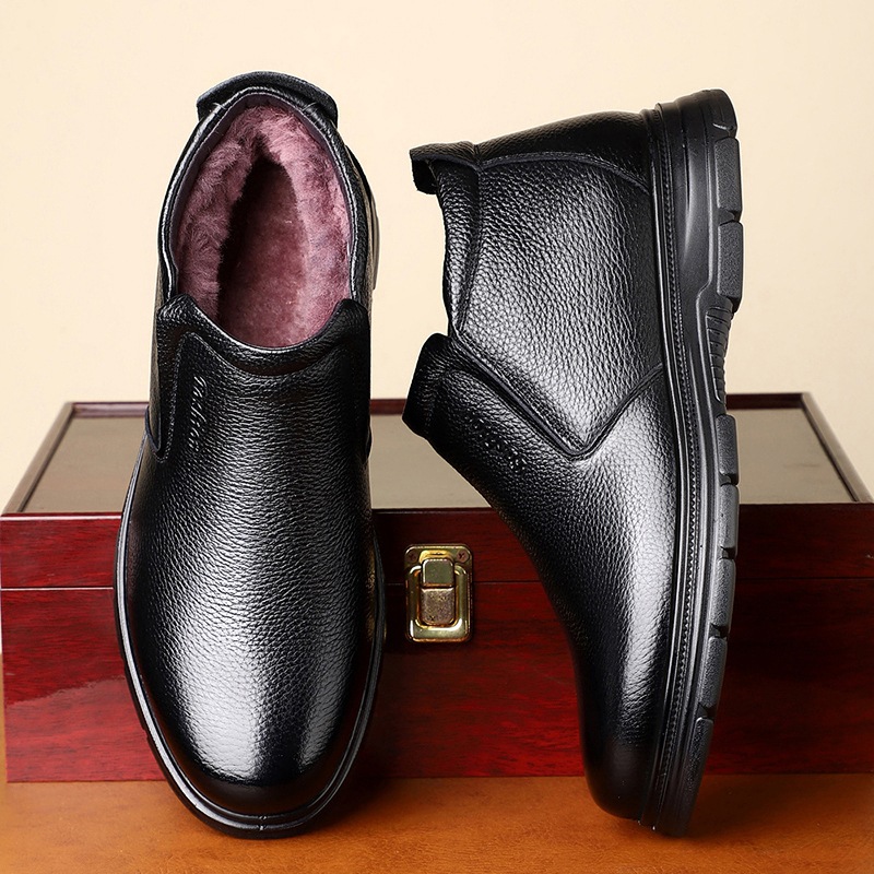 高端头层牛皮羊毛加绒棉鞋男士一脚蹬保暖加厚休闲中老年爸爸皮鞋